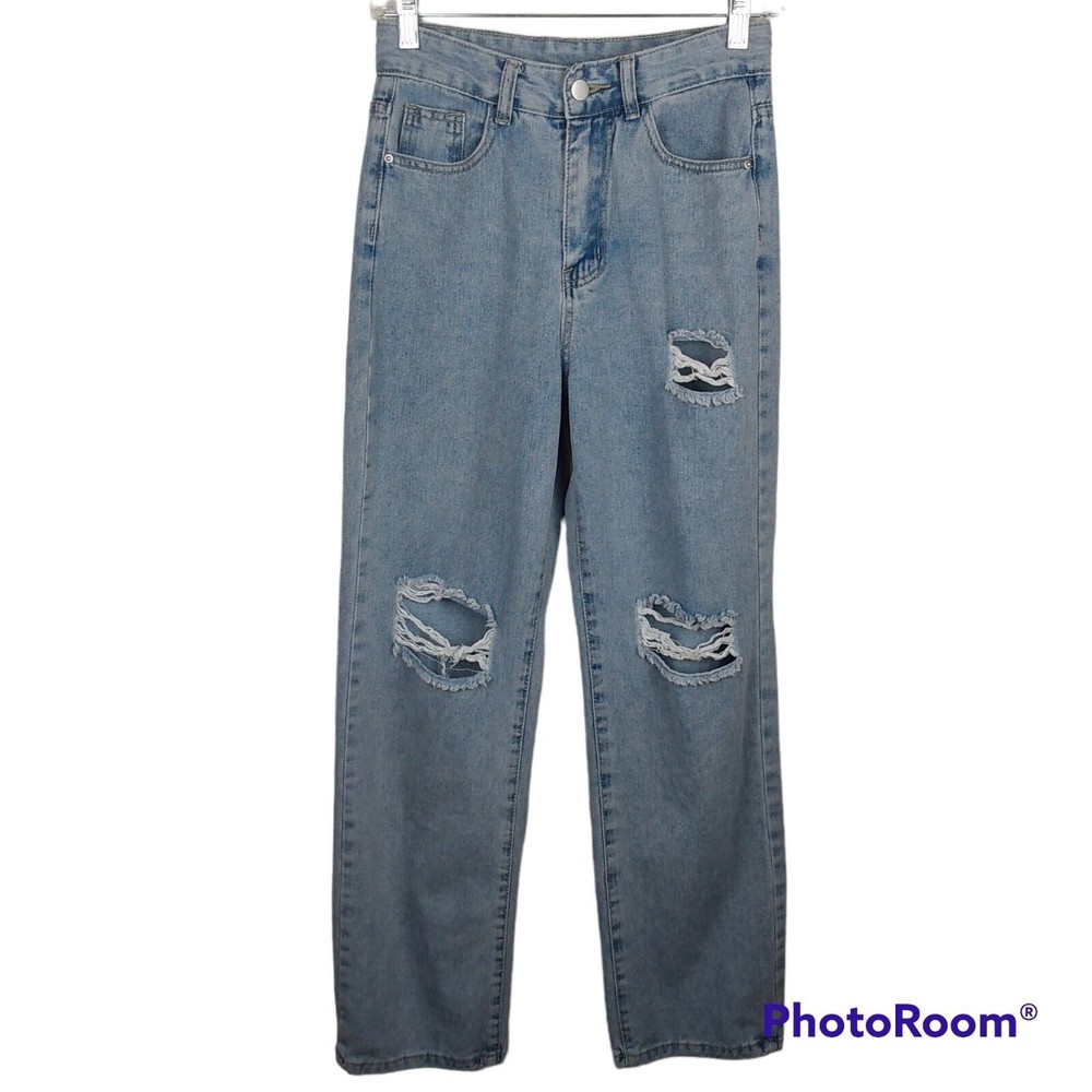 SHEIN Straight Denim Jeans Women's Size XS Light Blue High Rise Distressed